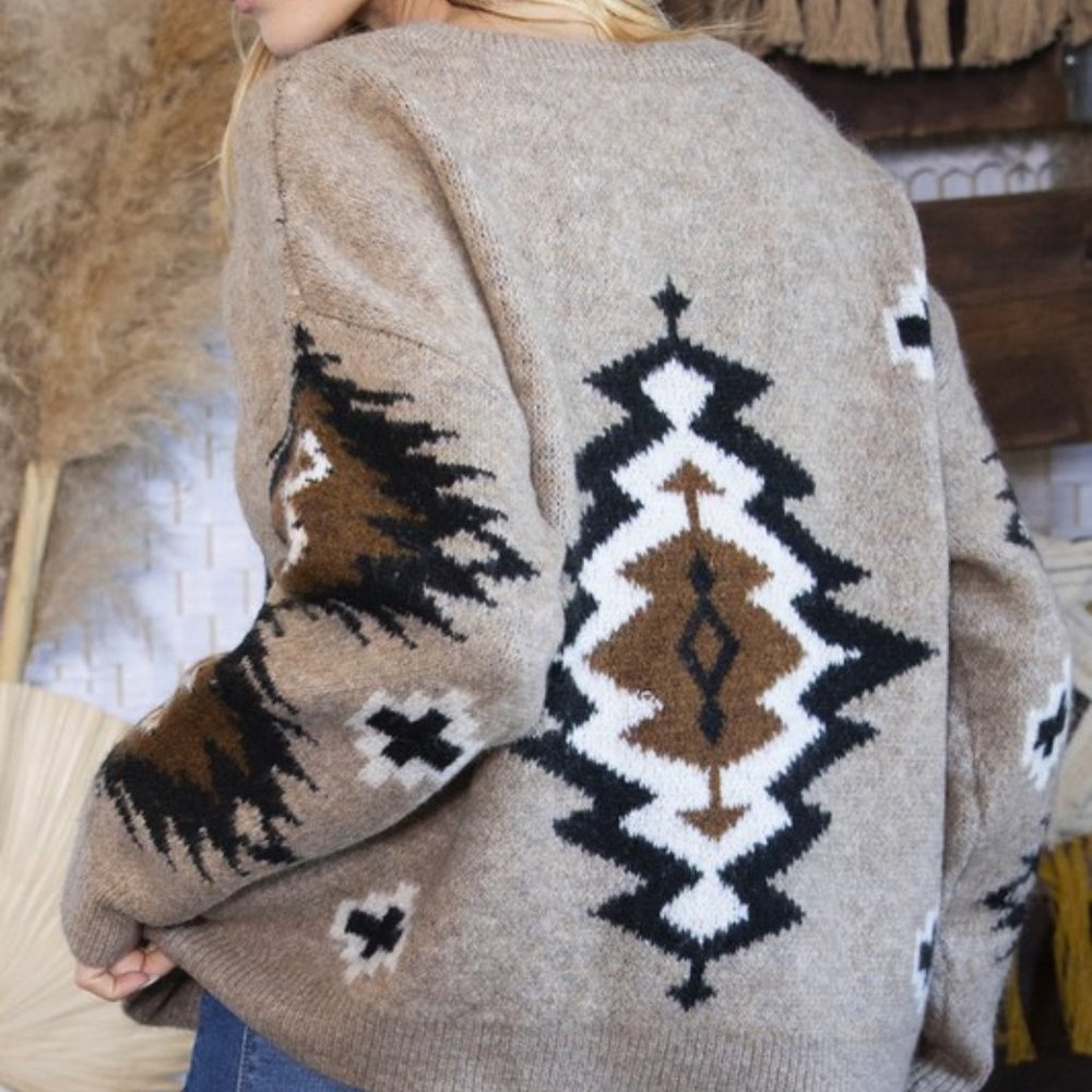 New Western Yellowstone Tribal Aztec Printed Pullover Crew Neck Sweater - Picture 5 of 6